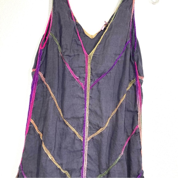 Calypso St. Barth Linen Mini Dress Medium Sleeves less Gray Rainbow Embroidered - Picture 2 of 16